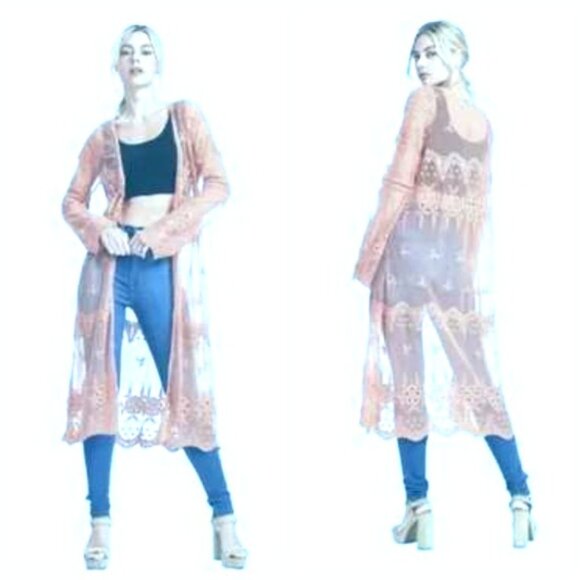 Purple Bohemian Sheer Embroidered Kimono Mesh Lace Duster Size L Festival Boho - Picture 6 of 6